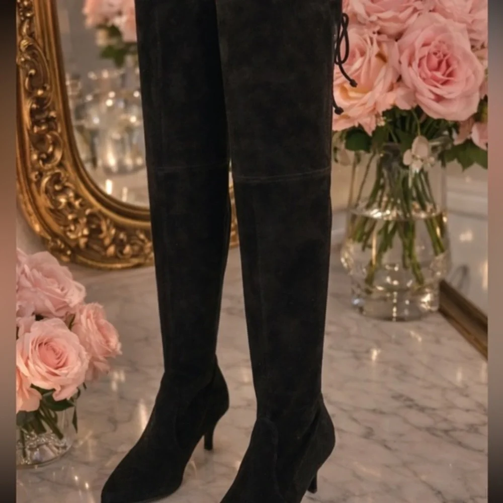 Stuart Weitzman Black Over-The-Knee Boots — Sleek Stretch Suede 9.5